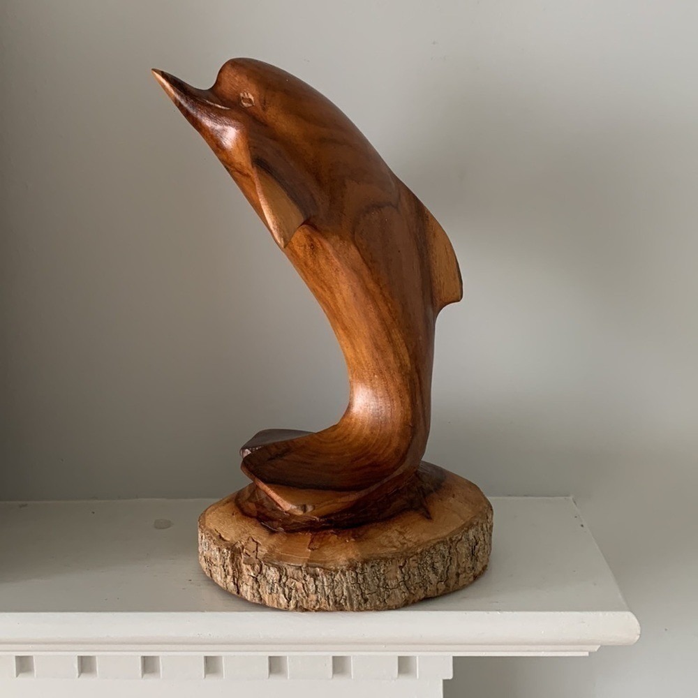 Wooden Hand Carved‎ Dolphin on Coral Statue Sculpture Wood Decor Figurine